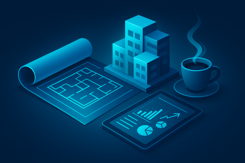 Modern workspace with blueprint, architectural model, digital tablet, coffee, and neon glow.