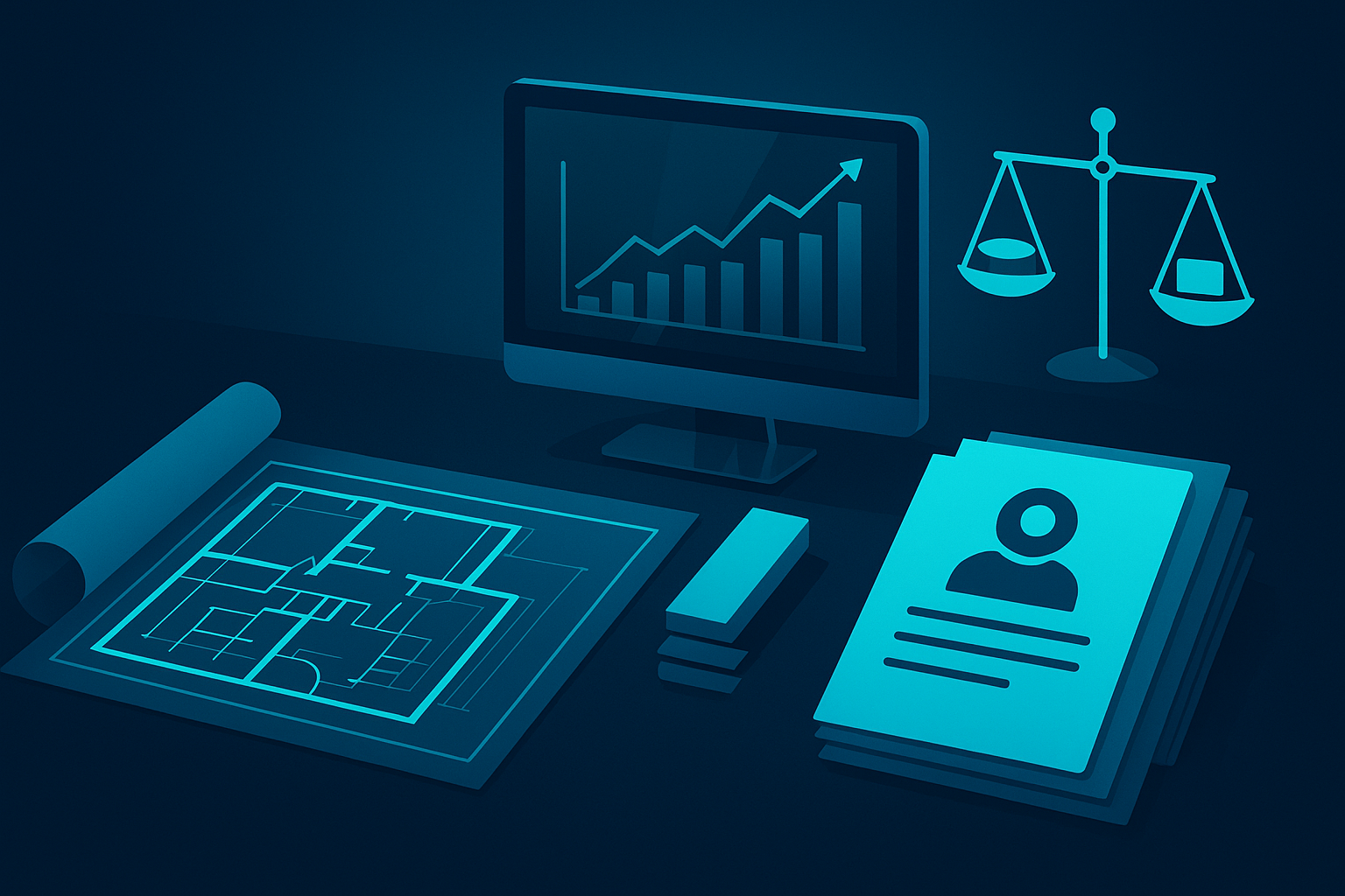 Modern workspace with blueprint and recruitment files