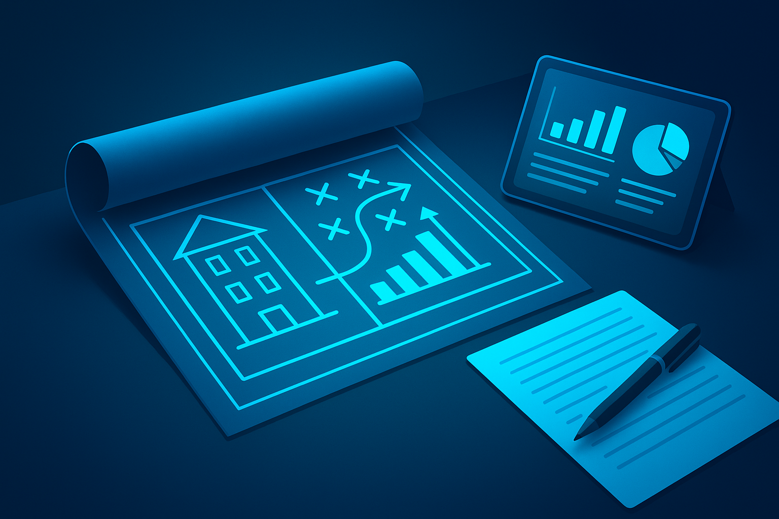 Modern workspace with blueprint, tablet, and notes for real estate agency planning