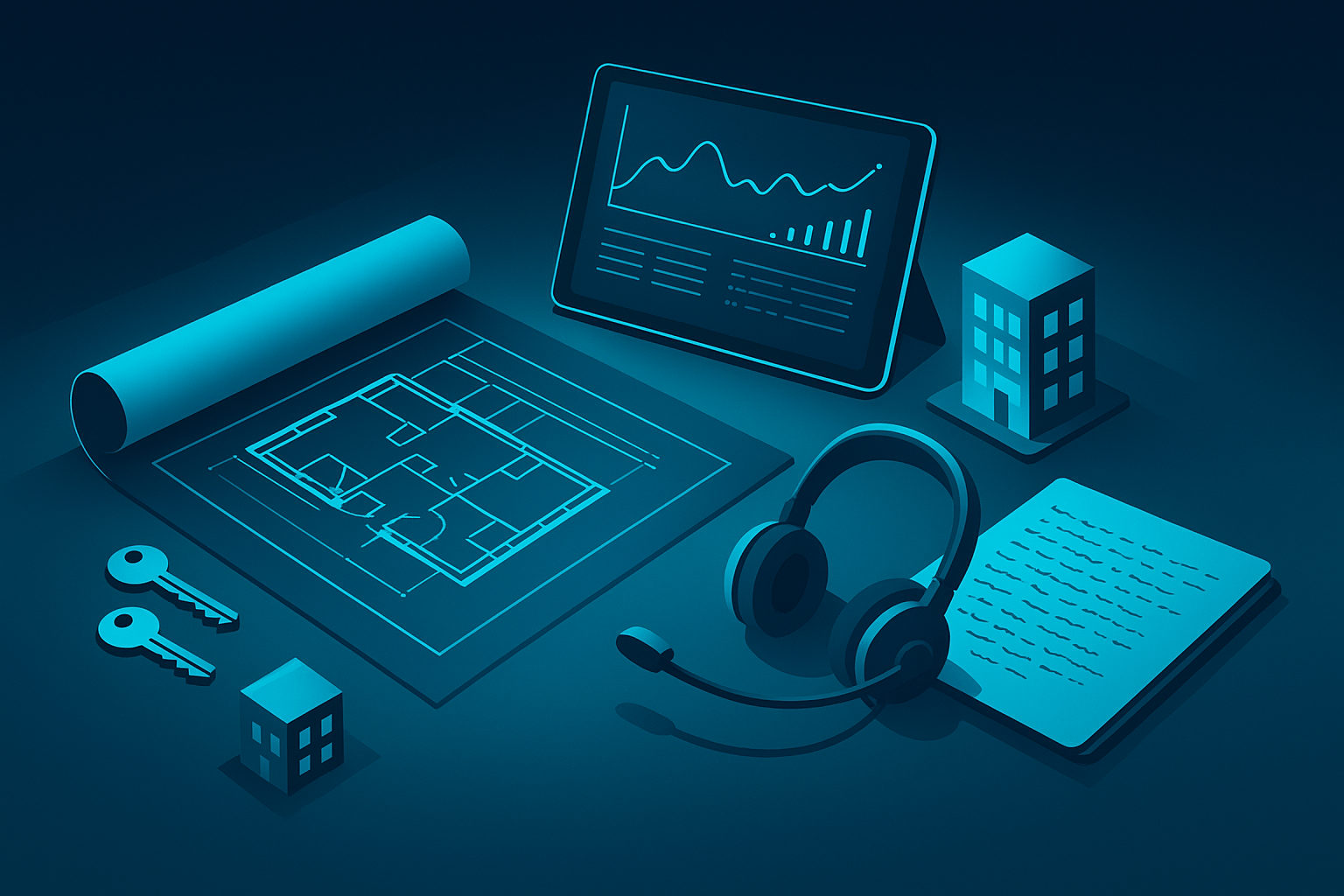 Modern workspace with blueprint, tablet, keys, and building models