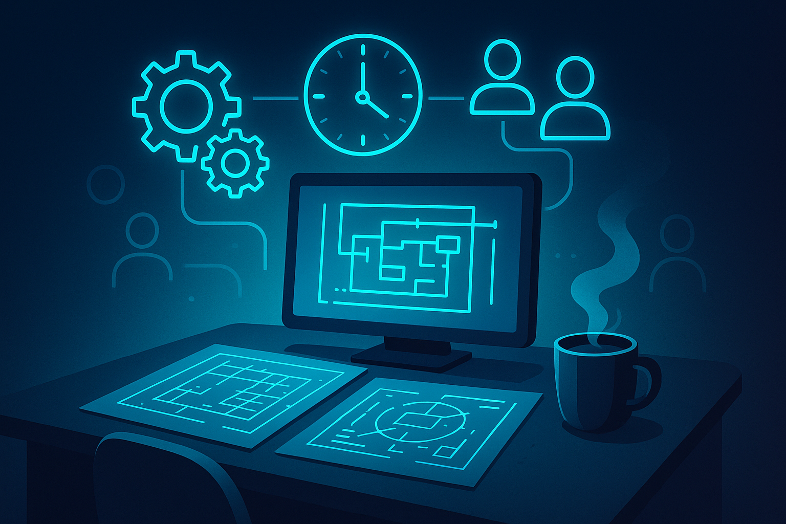 Modern workspace with blueprints and digital schematic