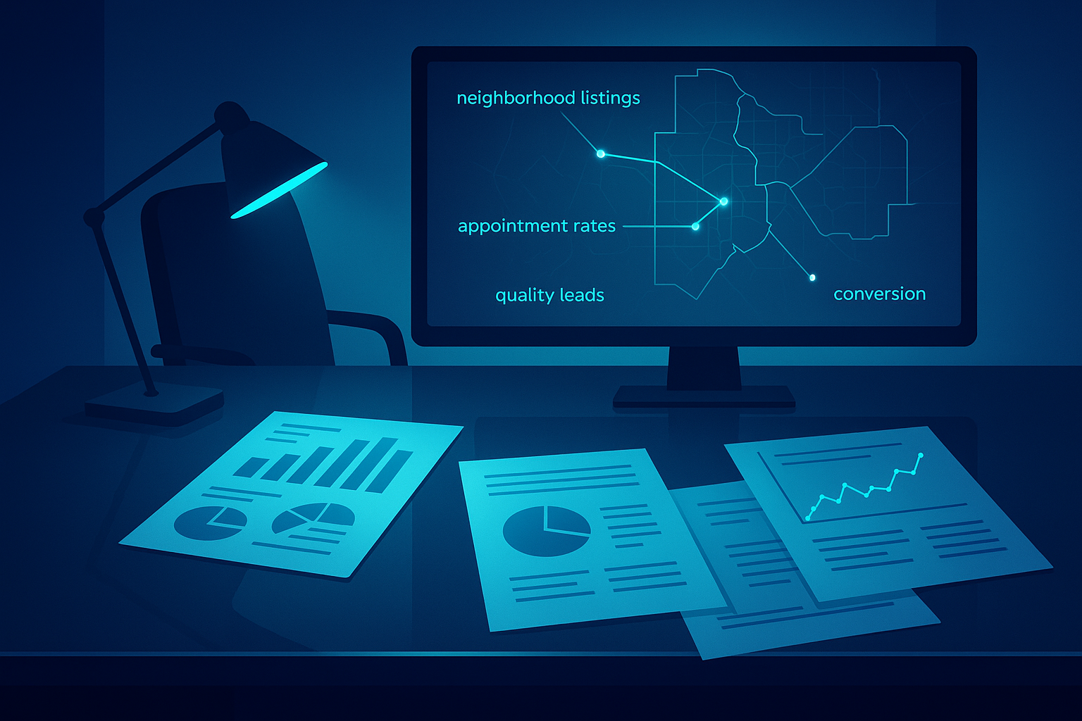 Modern workspace with charts and glowing data points