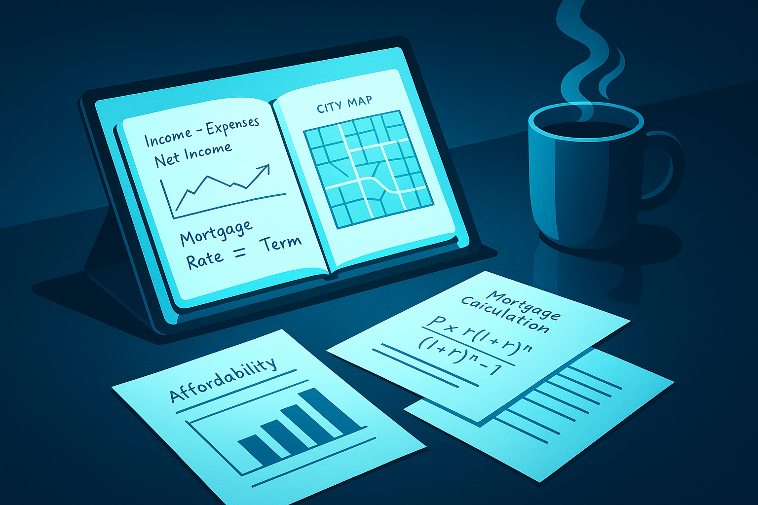 Modern workspace with digital notes and coffee