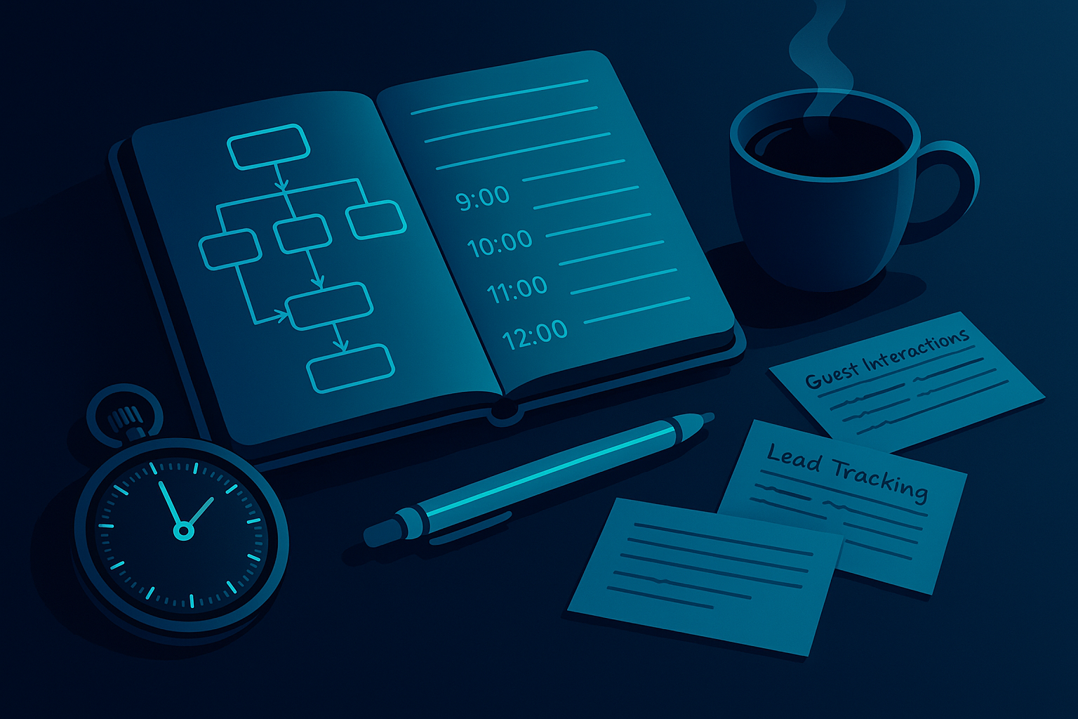 Modern workspace with digital notes and stopwatch