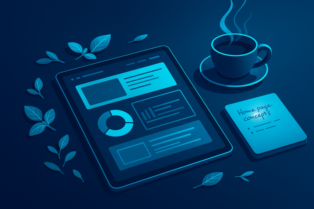 Modern workspace with digital tablet, herbs, coffee, and notebook under neon glow.