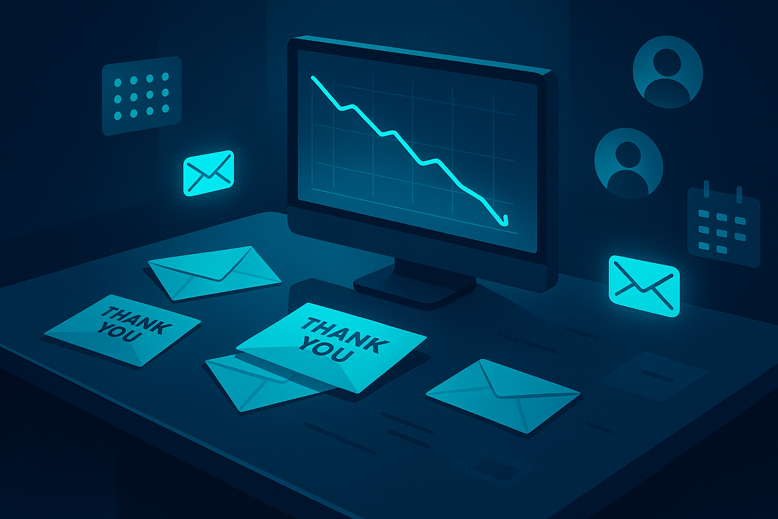 Modern workspace with fading letters and glowing email