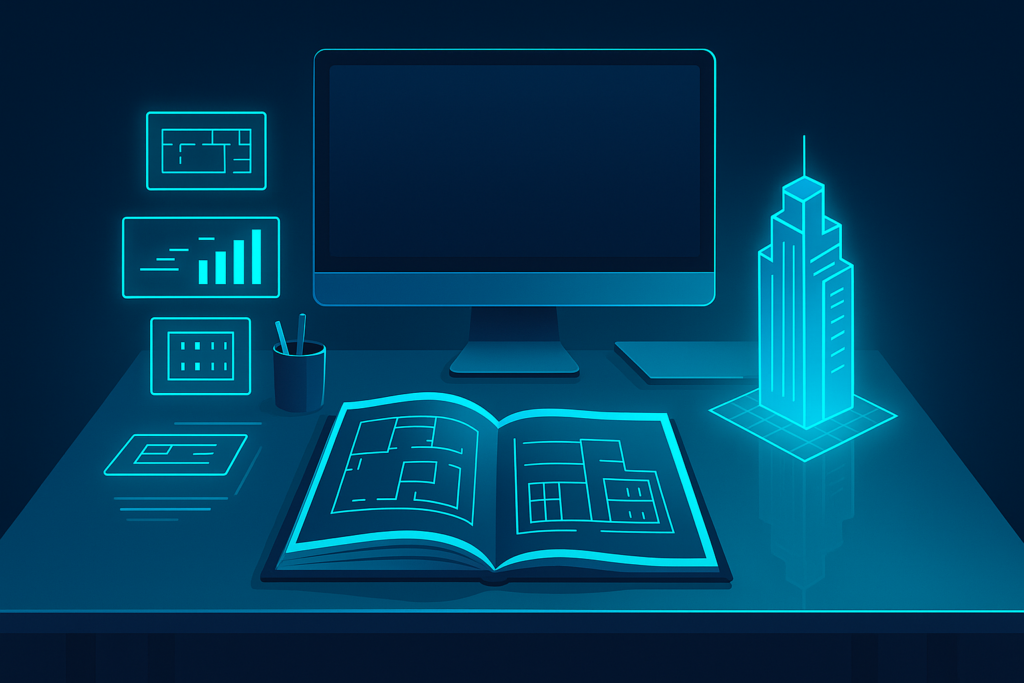 Modern workspace with glass desk, architectural blueprint, digital schematics, and holographic city model.
