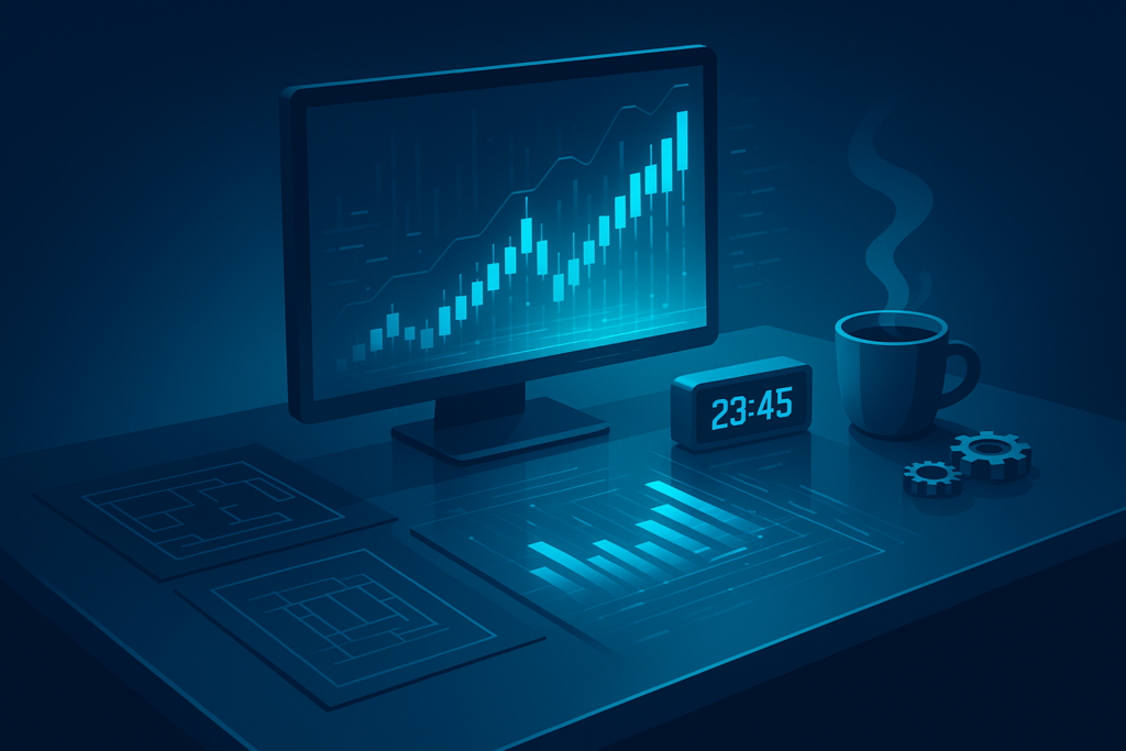 Modern workspace with glass desk, blueprints, financial charts, data streams, clock, gear, and coffee.