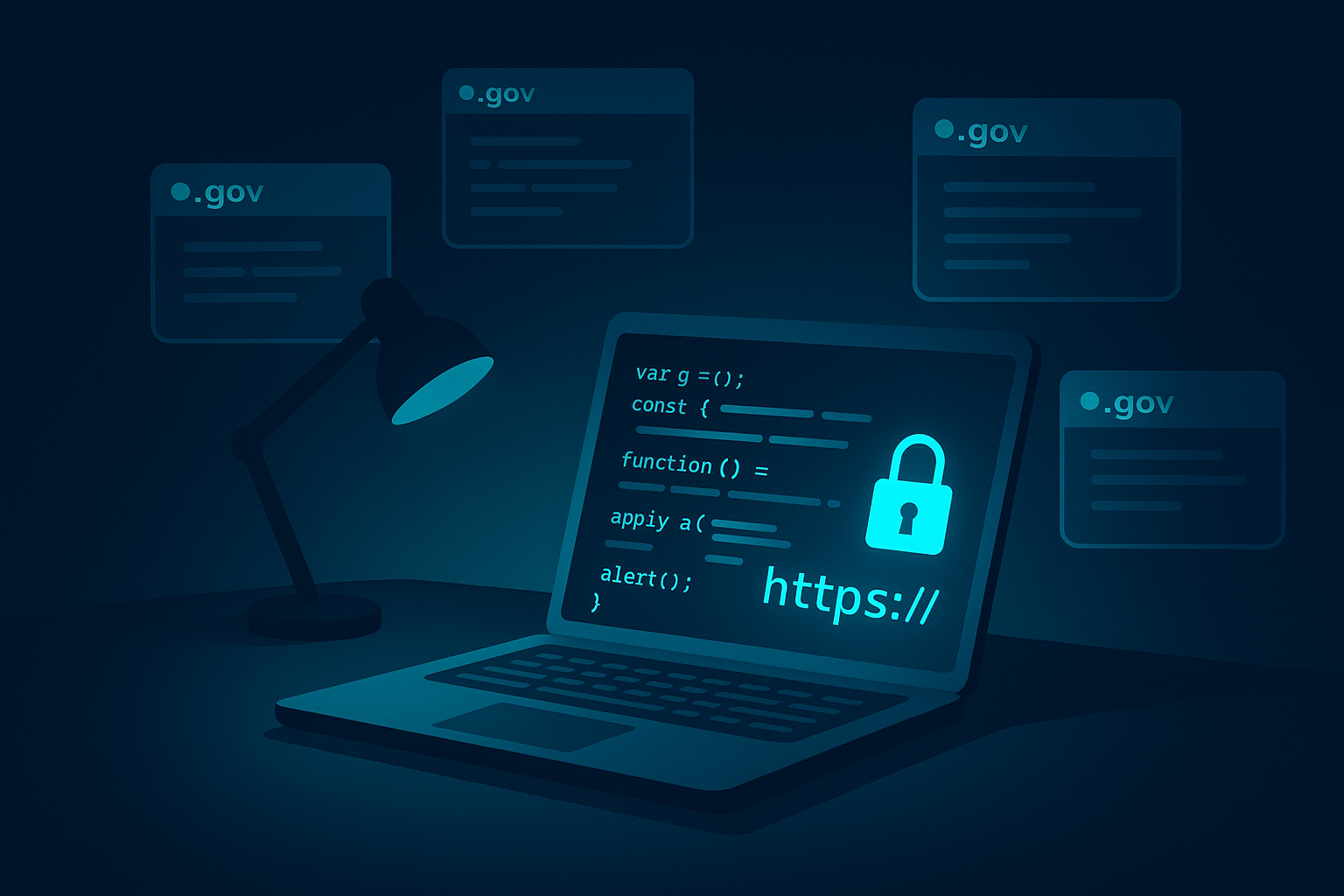 Modern workspace with glowing laptop displaying secure login