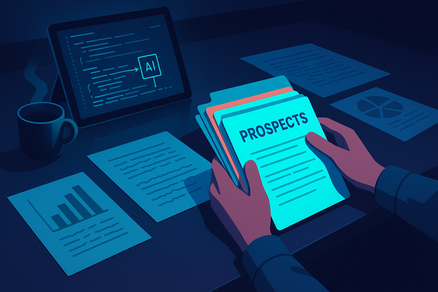 Modern workspace with hands sorting prospect files for real estate agency case study