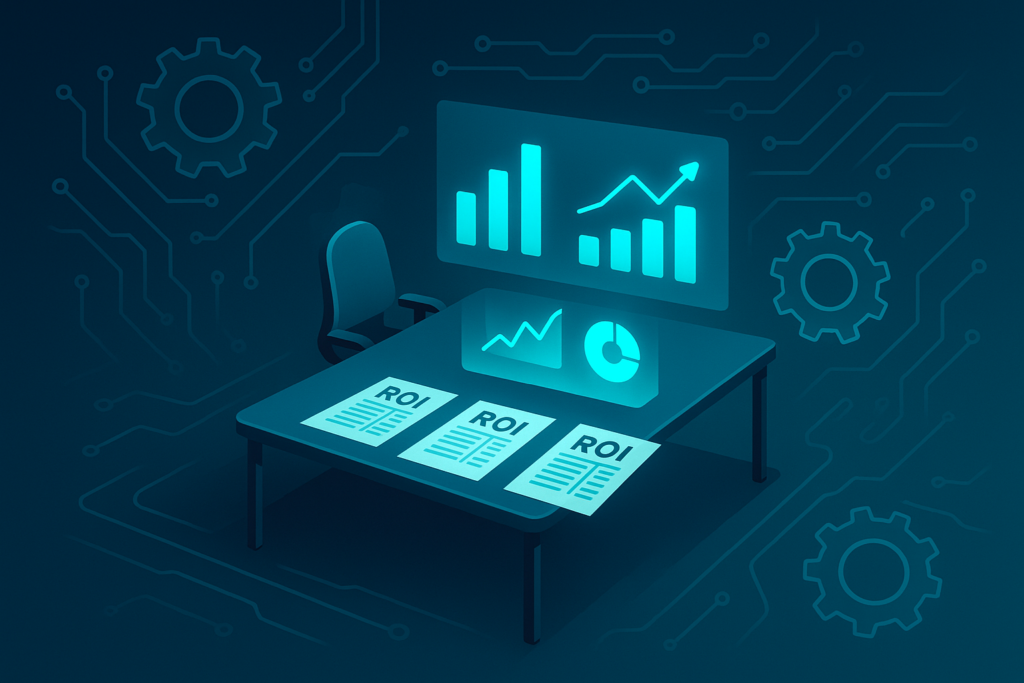 Modern workspace with holographic charts, gears, and circuit patterns in neon blue and cyan.