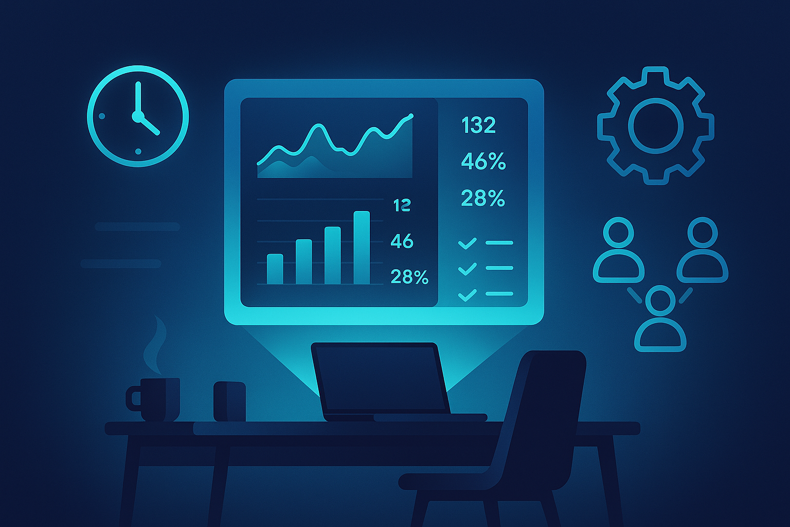 Modern workspace with holographic dashboard showing efficiency metrics