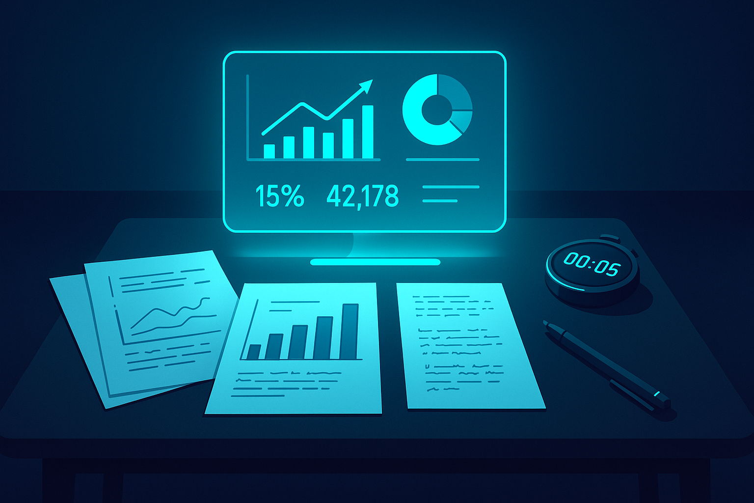 Modern workspace with holographic dashboard and papers