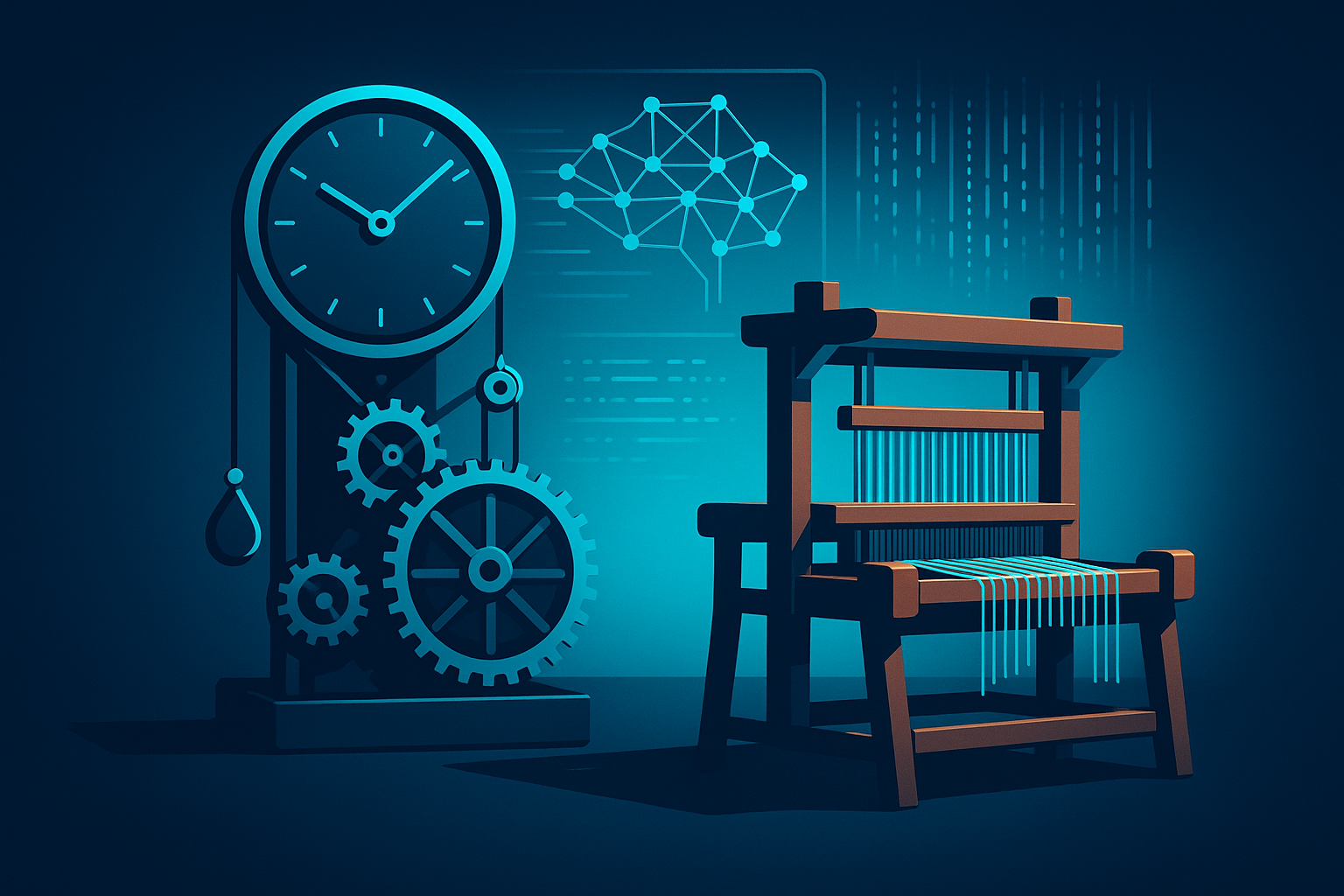 Modern workspace with water clock and vintage loom