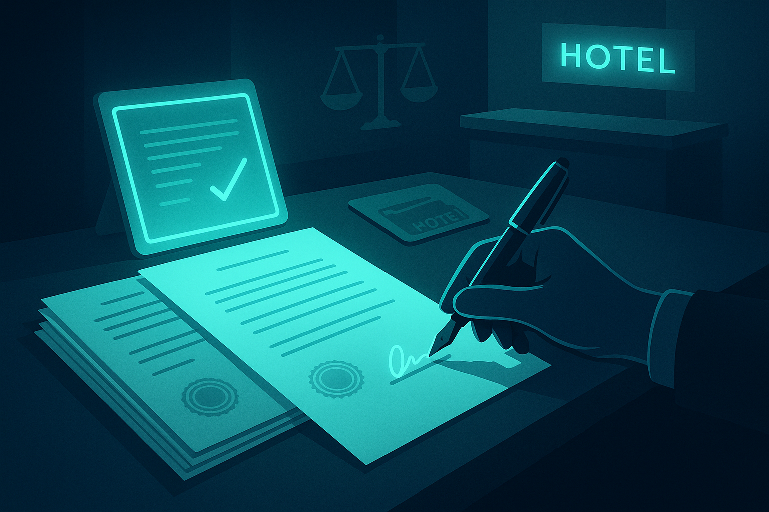 Poised hand signing contracts at a neon-lit hotel lobby desk with legal scales and keycard nearby.