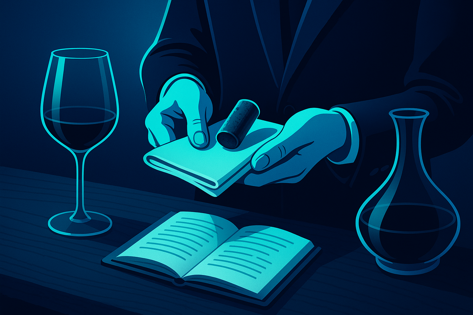 Poised sommelier’s hands holding cork and napkin with wine glass, decanter, and tasting notes.