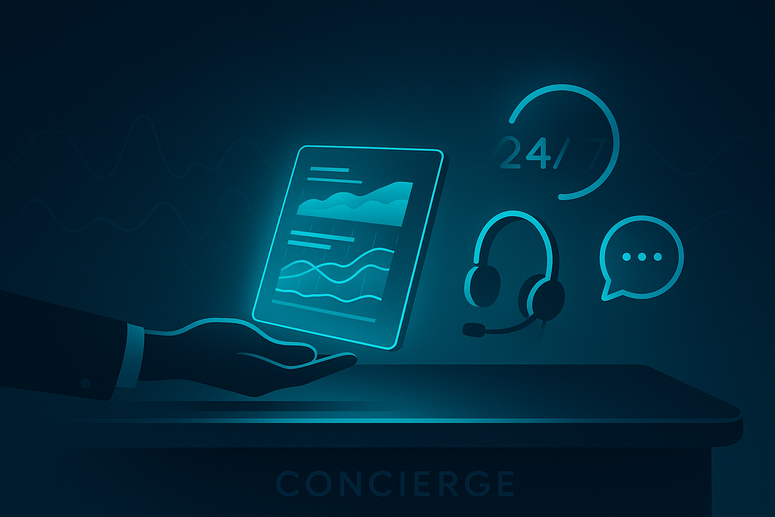 Polished concierge desk with glowing tablet, headset, chat bubble, and abstract data streams in dark blue background.