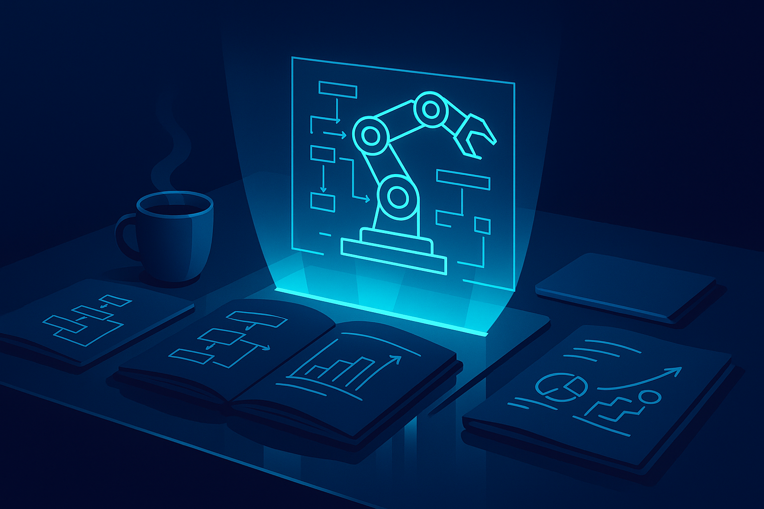 Polished workspace with holographic blueprint