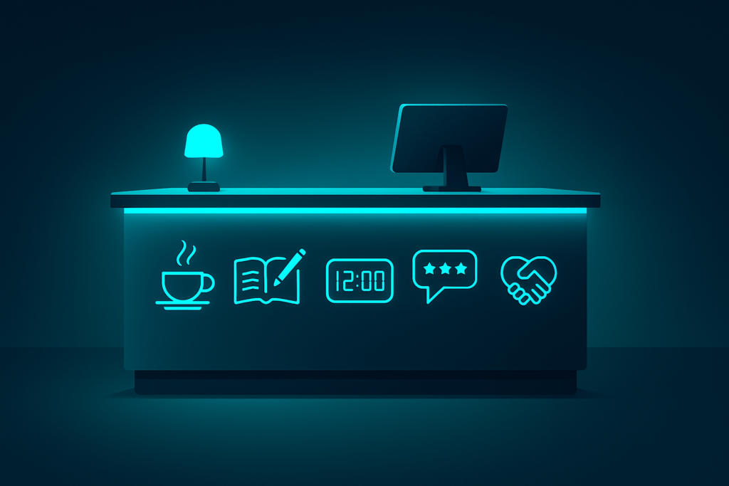 Polished hospitality desk with glowing icons for warmth, personalization, efficiency, feedback, and connection.