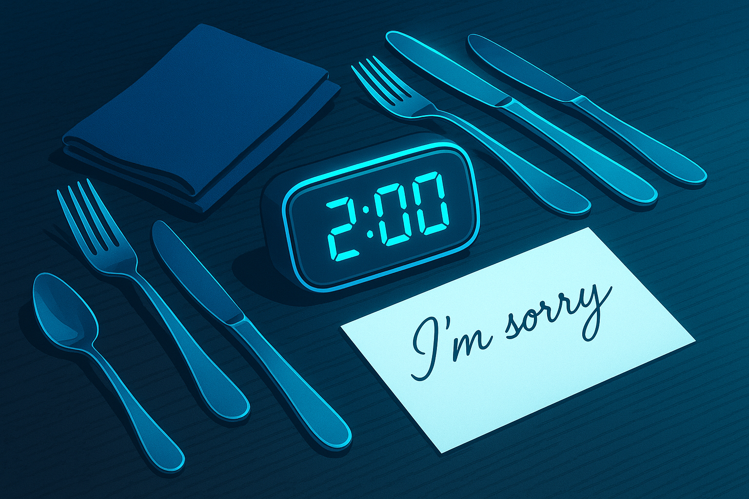 Polished wooden table with timer, silverware, handwritten apology note, neon blue glow.