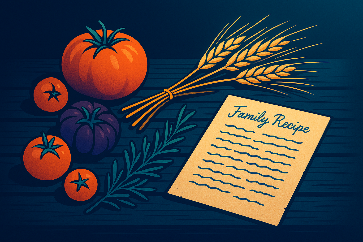 Rustic table with heirloom tomatoes, rosemary, wheat, and handwritten family recipe.