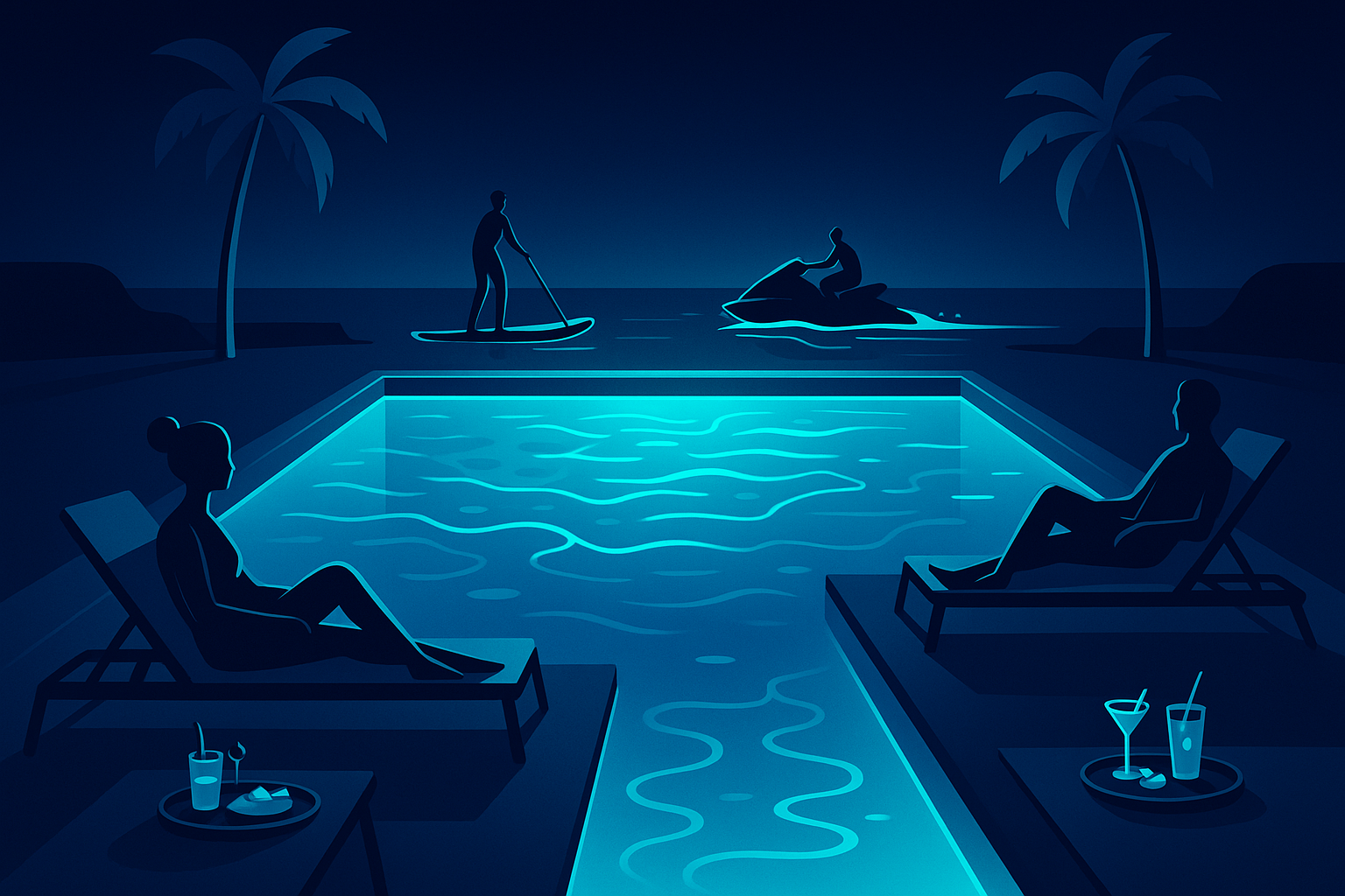 Serene poolside scene with guests relaxing, paddleboarding, jet skiing, and floating drinks in neon-lit setting.
