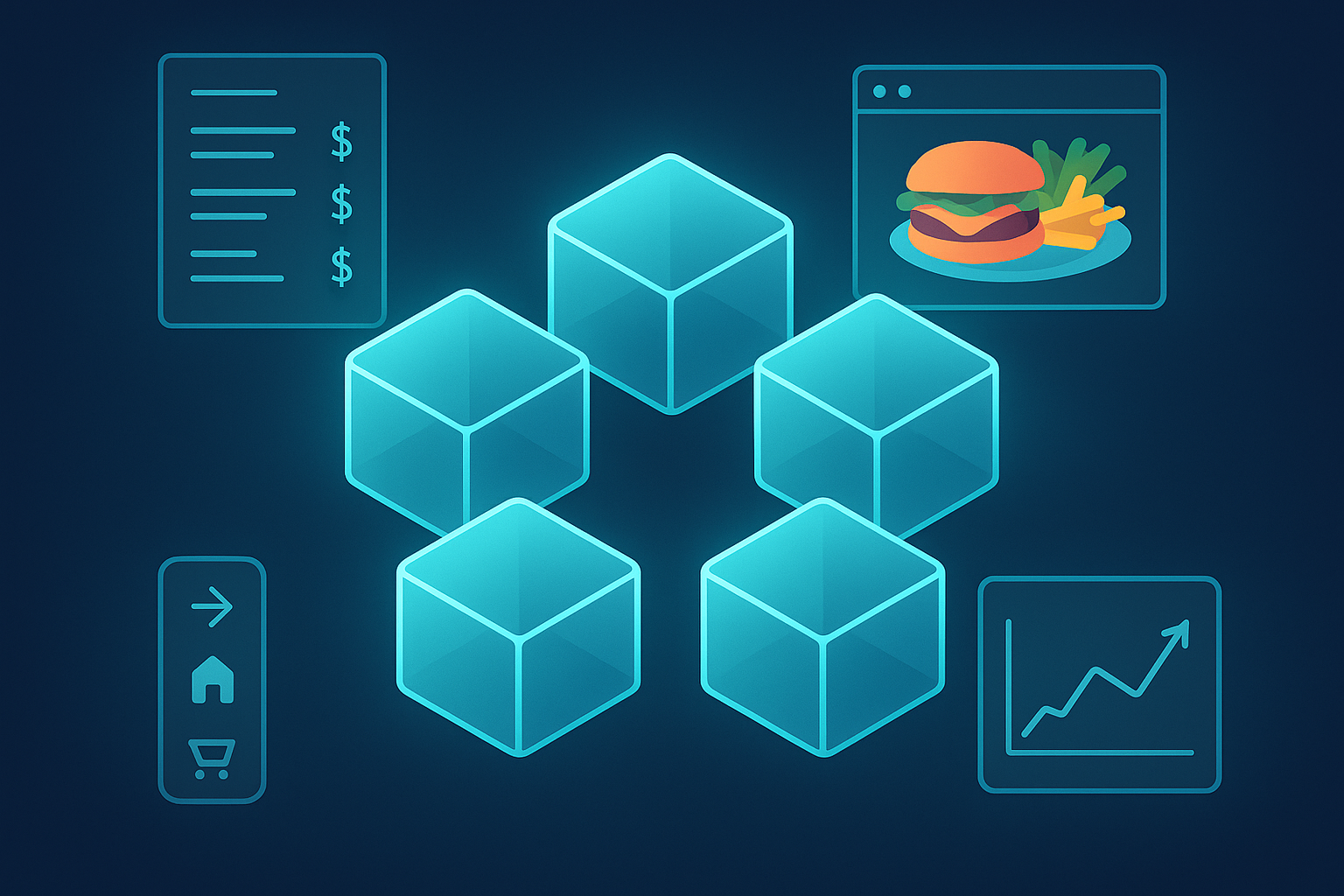 Six glowing translucent blocks in a hexagonal pattern with surrounding digital interface elements.