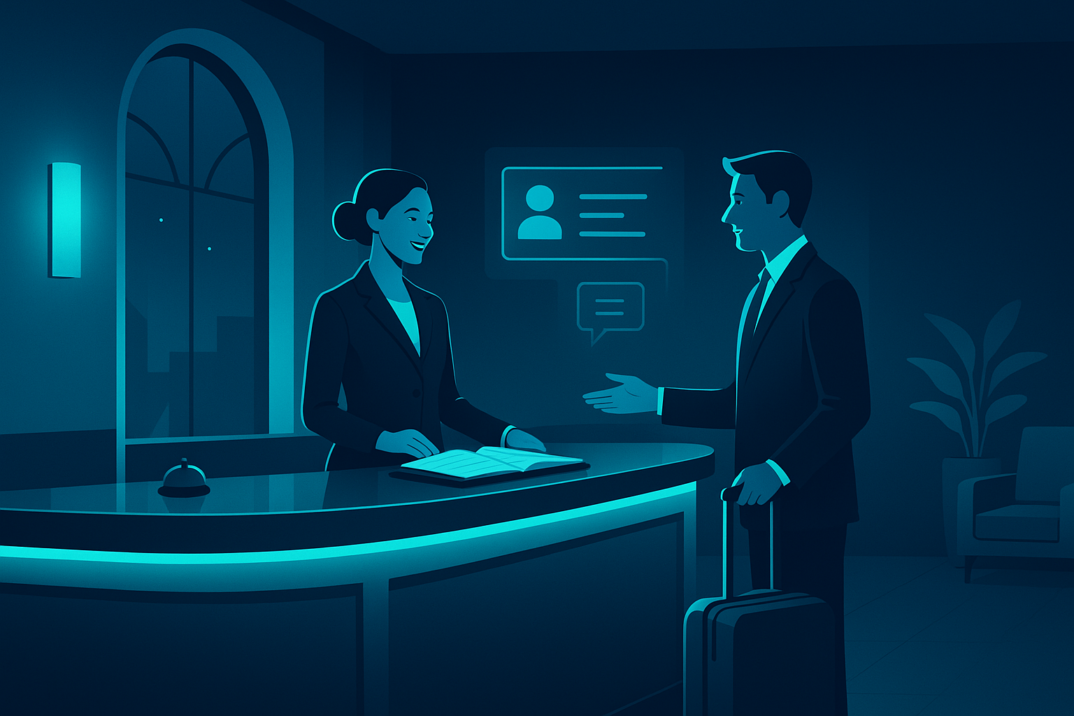 Sleek boutique hotel lobby with staff greeting guest near digital concierge at twilight.