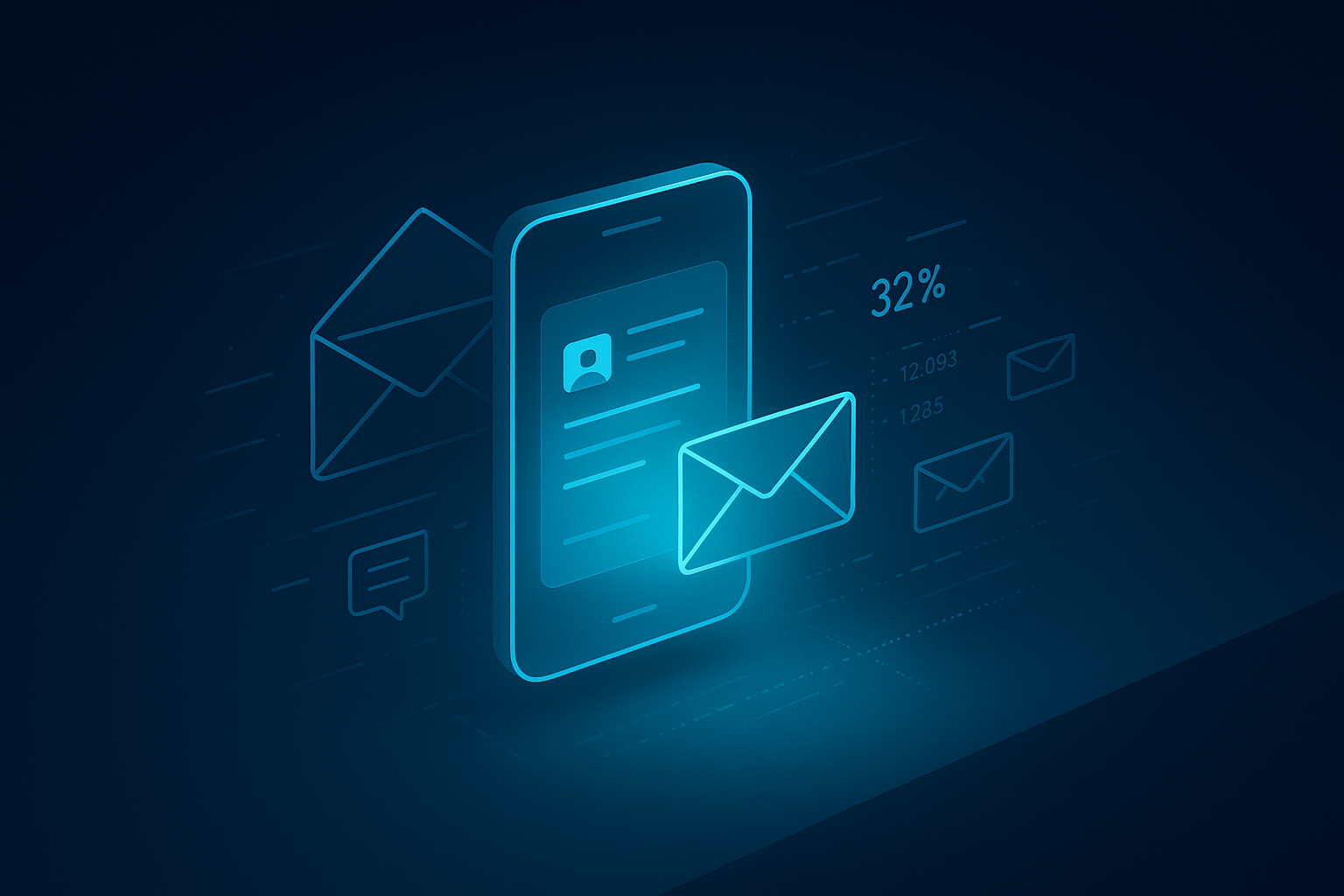 Sleek digital workspace with glowing smartphone, email icons, and data streams in dark blue tones.