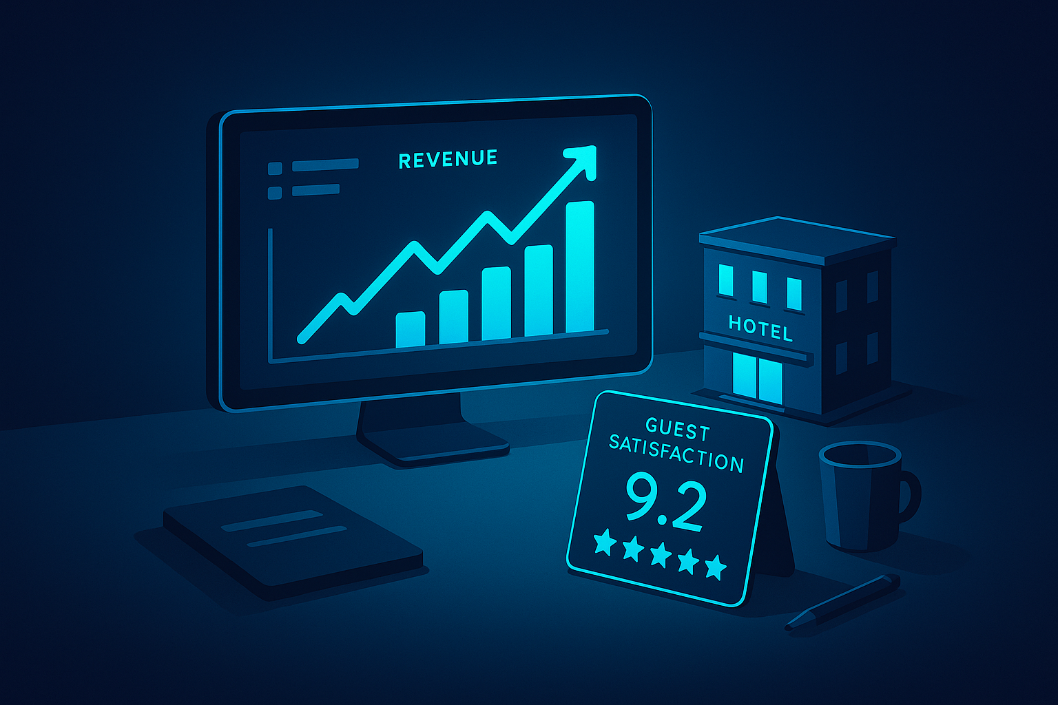 Sleek high-tech workspace with digital dashboard, hotel model, and guest satisfaction scorecard.