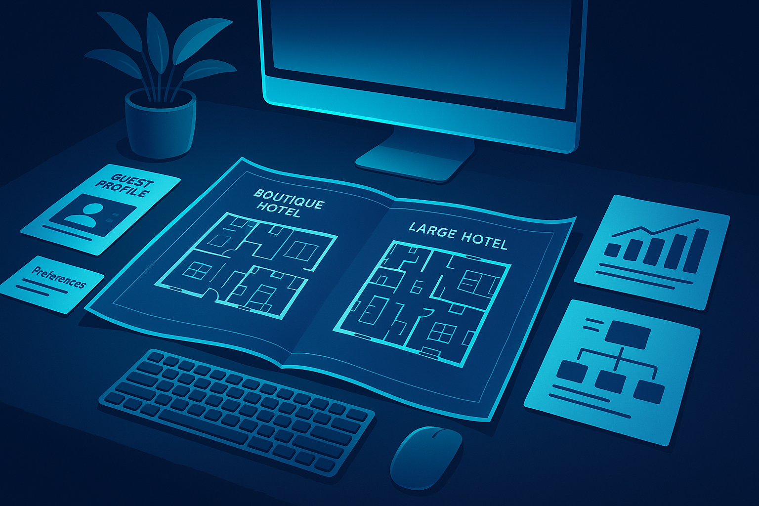 Sleek workspace with blueprint, notes, and data charts under neon blue lighting.