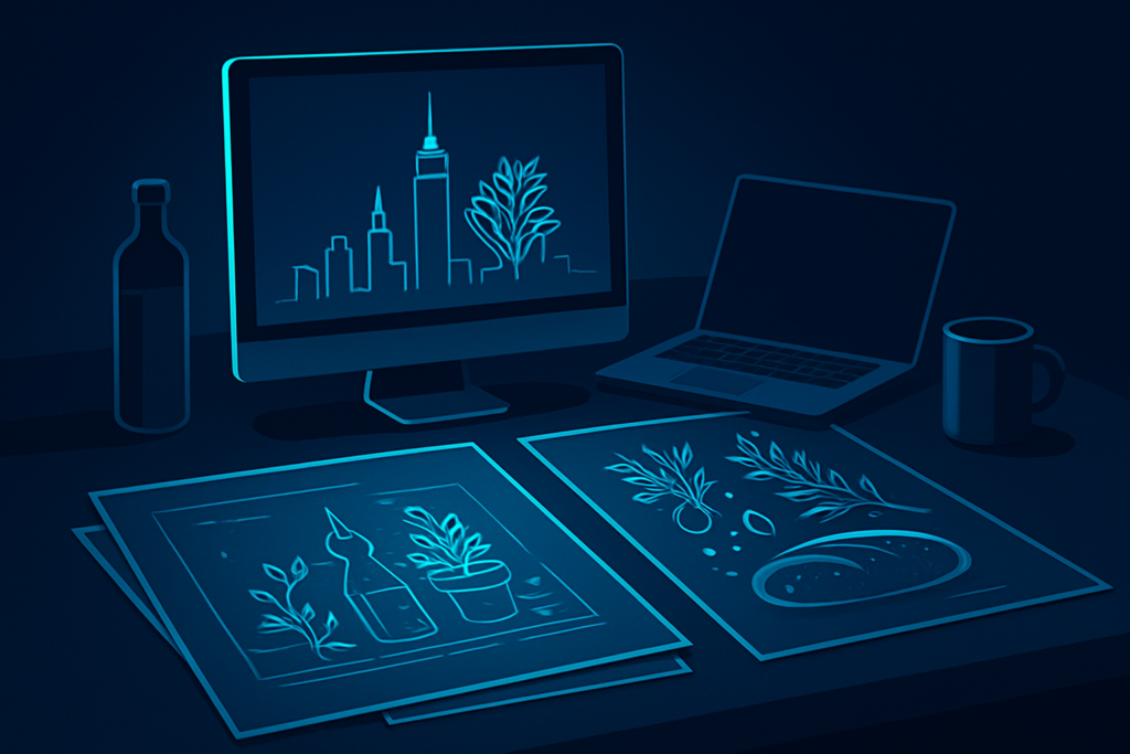 Sleek workspace with blueprints of NYC skyline and culinary sketches illuminated by neon glow