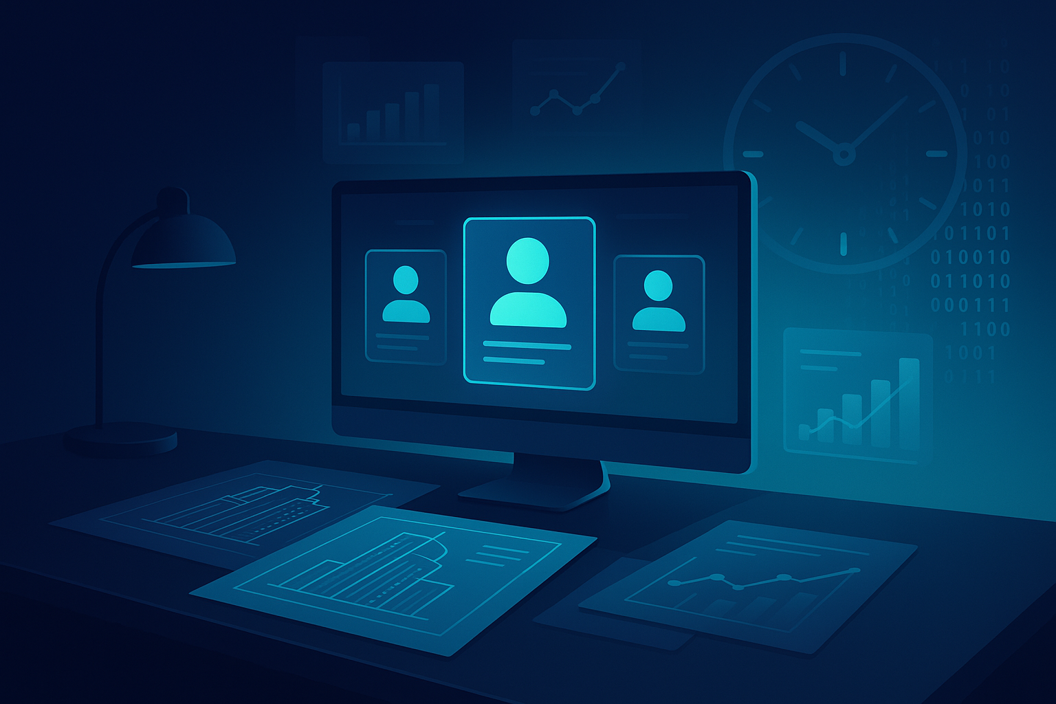 Sleek workspace with digital blueprints and data chart