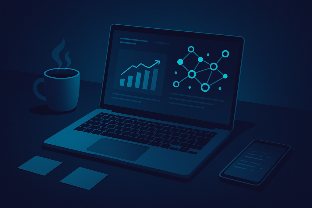 Sleek workspace with laptop, notes, coffee, smartphone, neon glow, digital charts, and data streams.