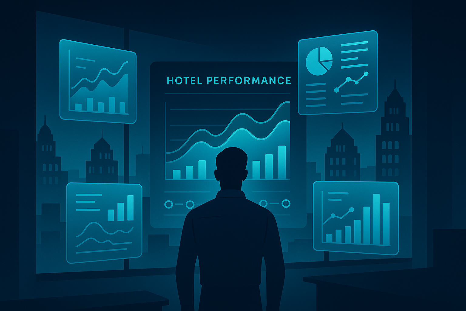 Urban office with glowing digital dashboard analyzing hotel performance metrics at night.