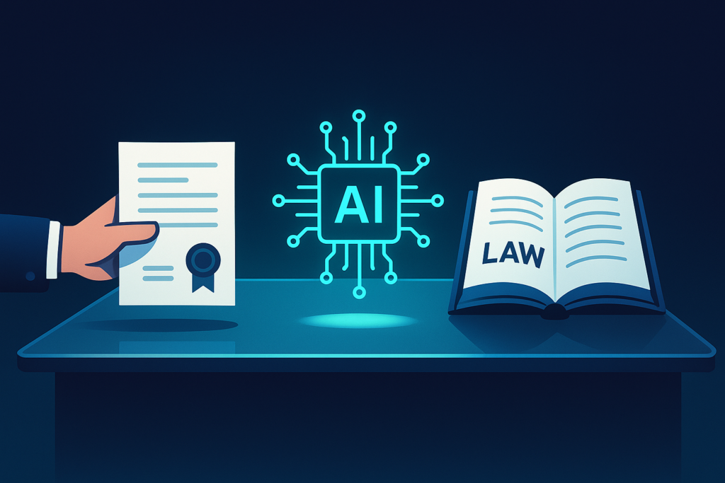 Business hand exchanging legal document, AI circuit, and law book on neon-lit desk scene.