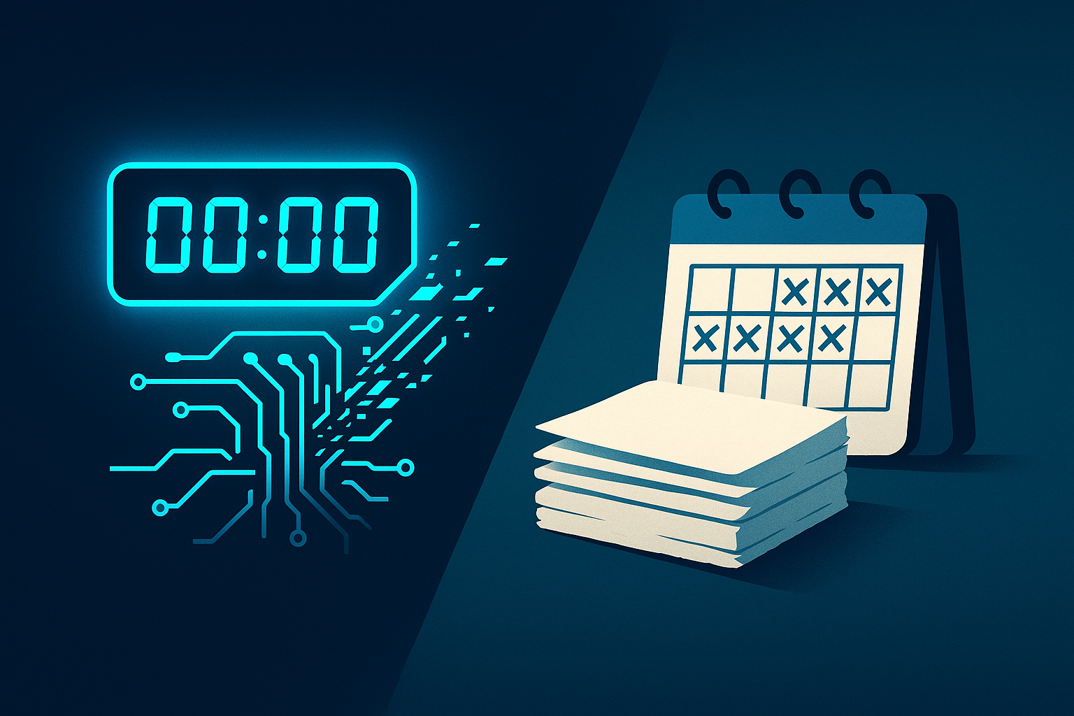 Contrast between digital speed and manual delays with glowing circuit and faded paper.