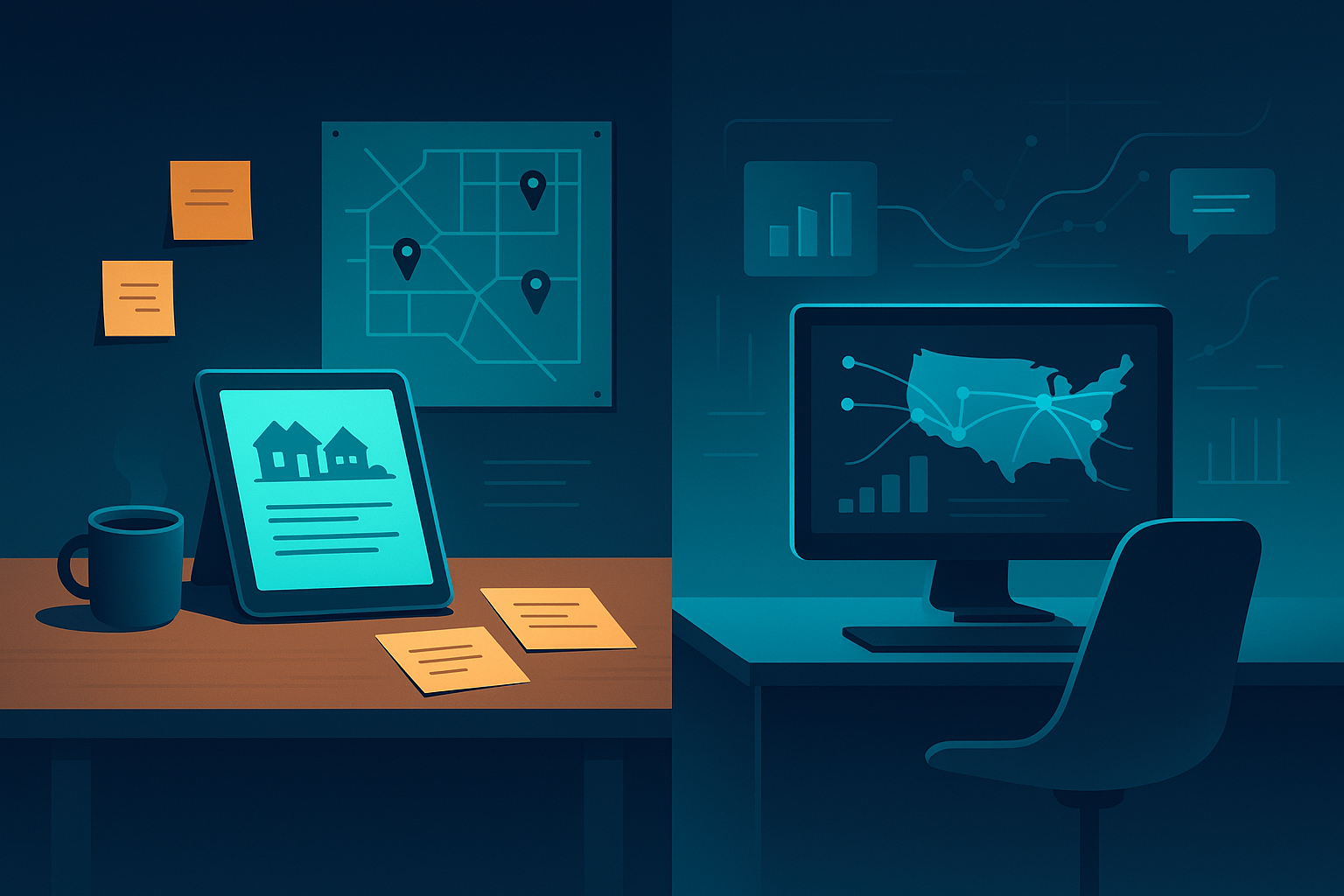 Contrast between personalized local workspace and data-driven control center on dark gradient background.