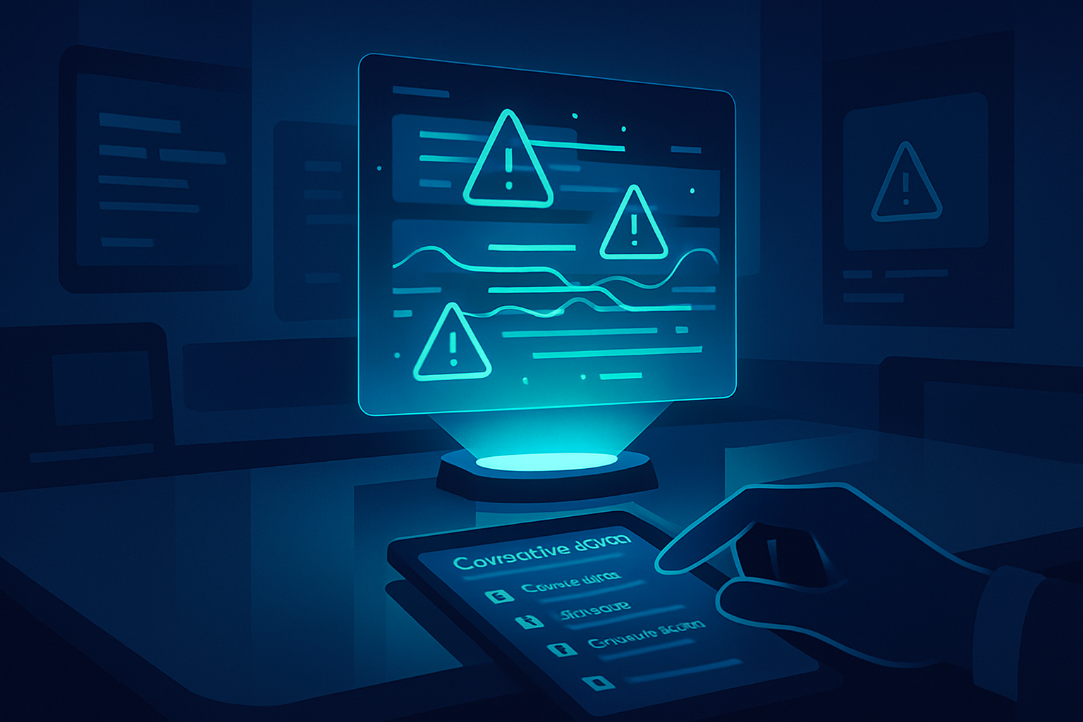 Control room with holographic data interface, hand on tablet, dark blue and cyan lighting.