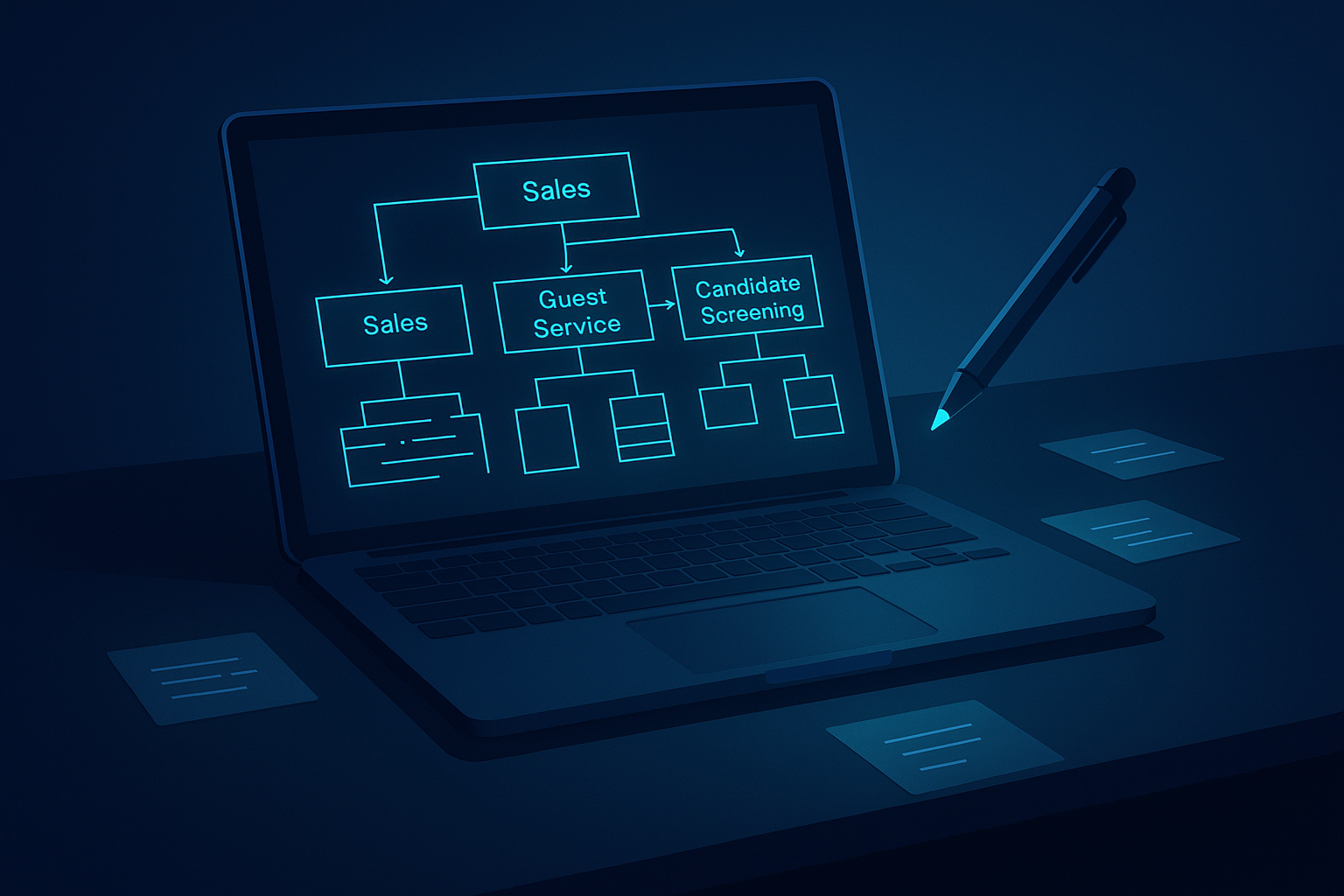 Dark tech workspace with digital blueprint, holographic notes, glowing pen, and neon lighting.