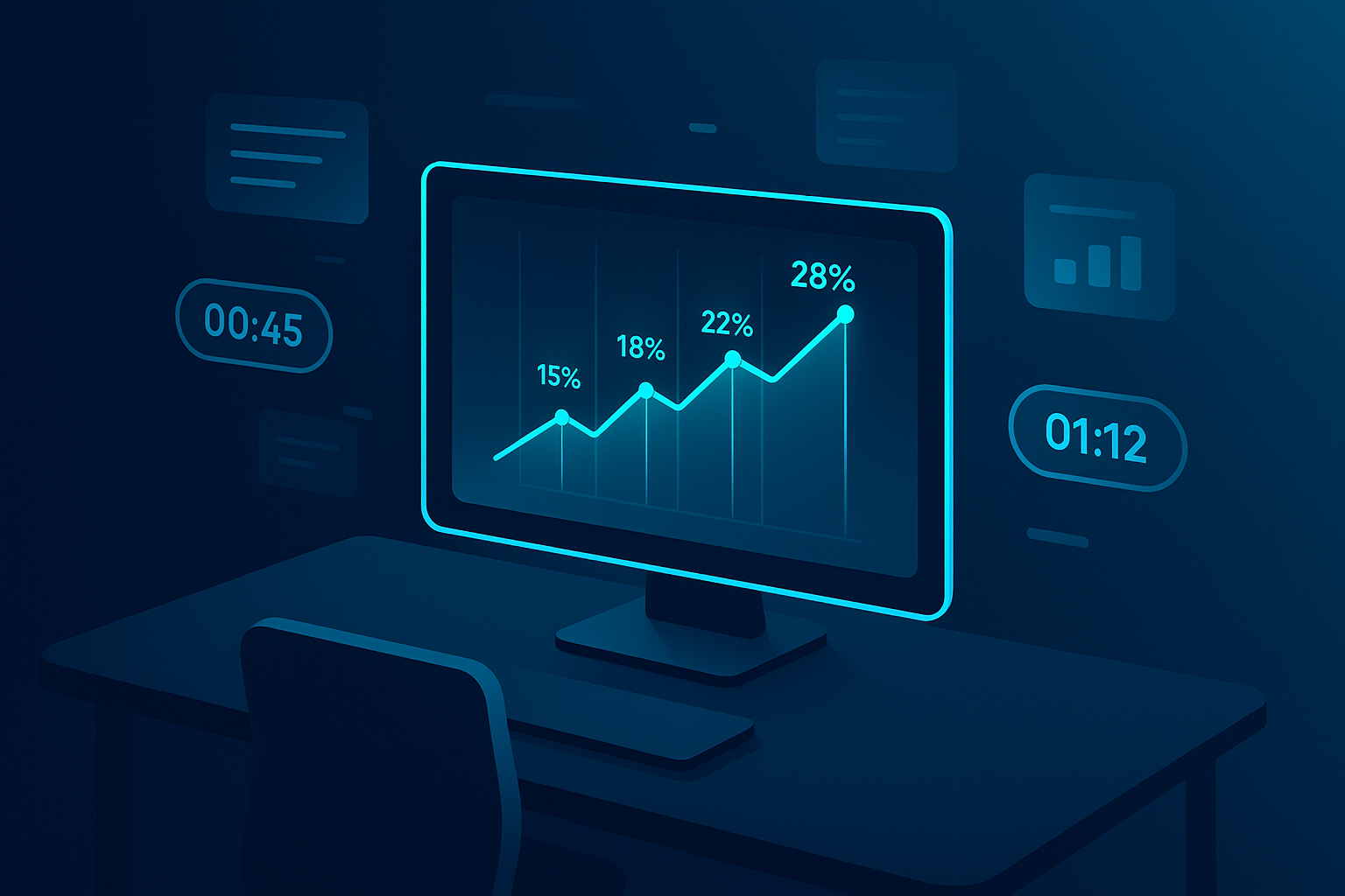 Dark tech workspace with holographic dashboard, data cards, timers, and neon blue accents.