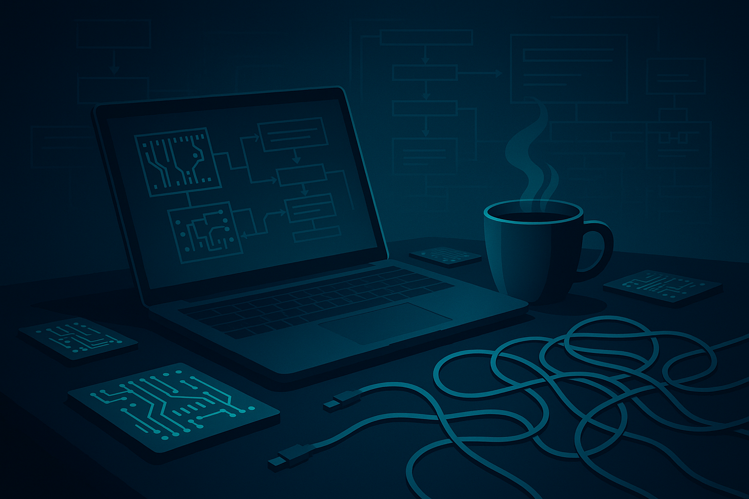 Dark workspace with glowing circuit boards, coffee, cables, holographic schematics, and digital flowcharts.