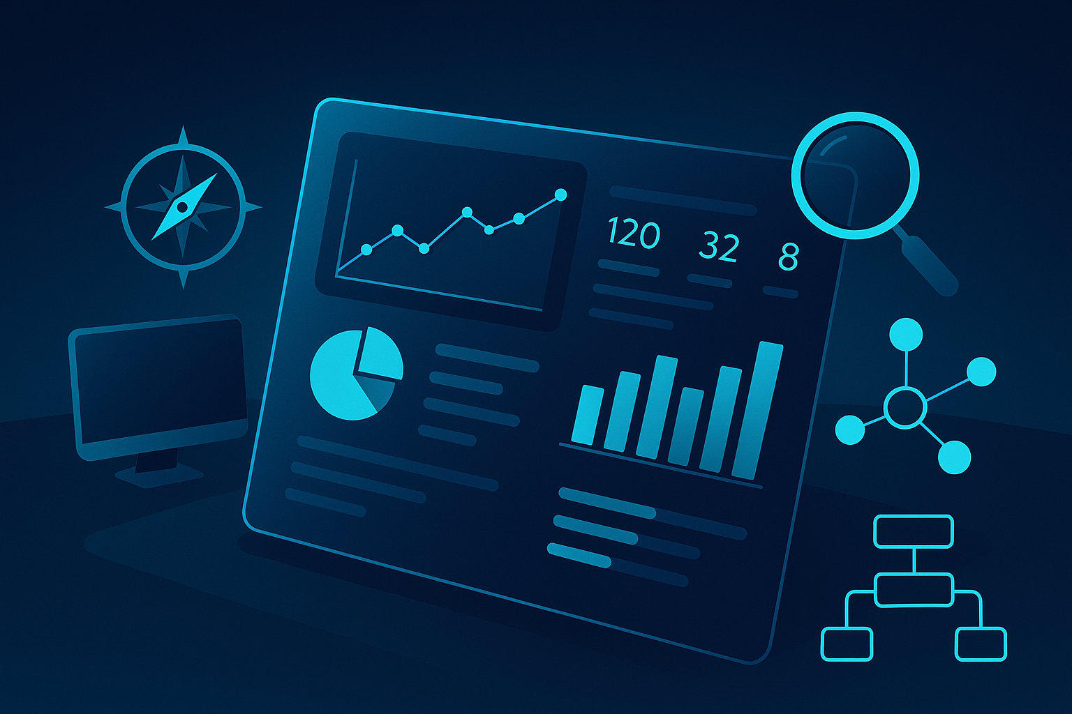 Digital dashboard with charts, graphs, compass, magnifying glass, and interconnected data nodes in neon-lit workspace.