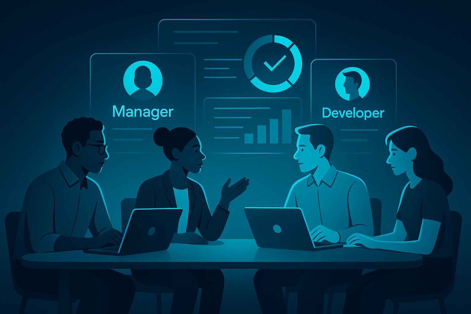 Diverse professionals collaborating around digital interfaces with role data in a neon-lit modern workspace.