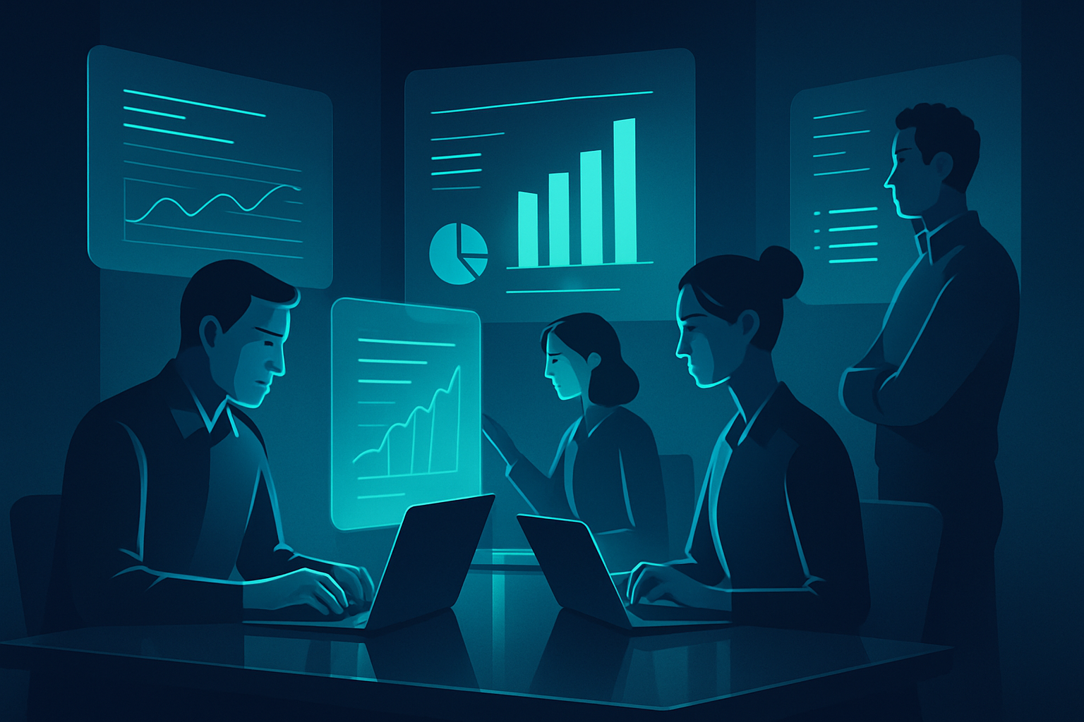 Diverse professionals interact with glowing holographic data in a sleek, tech-inspired workspace.