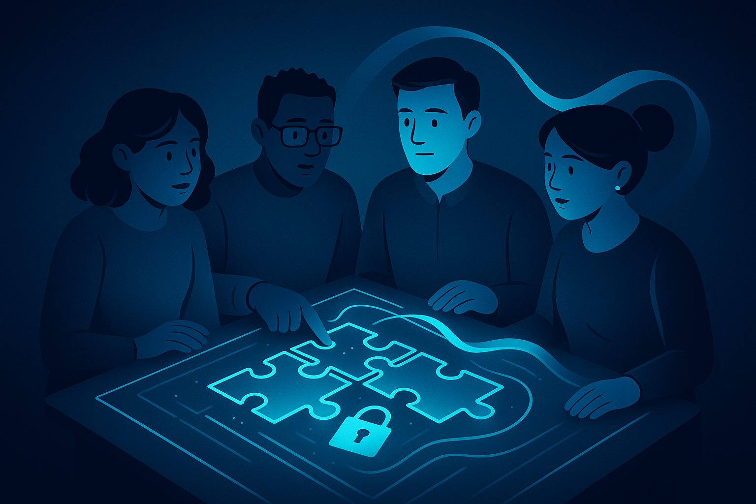 Diverse team around glowing digital blueprint with puzzle pieces, security lock, and flowing light ribbon.