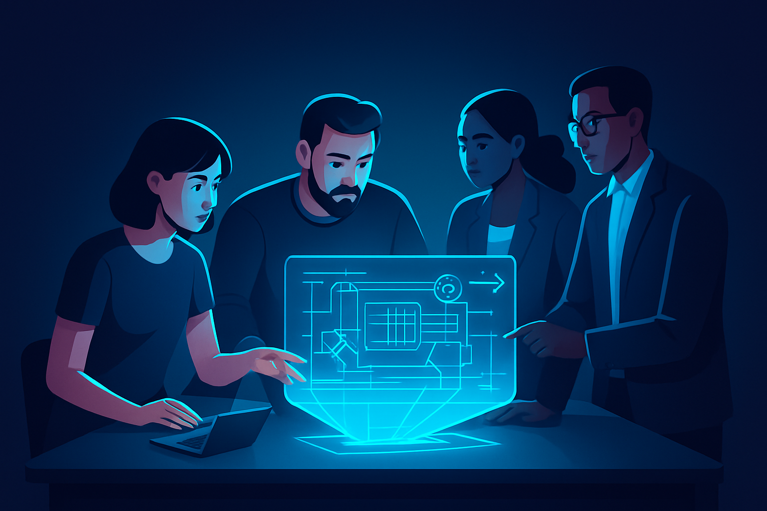 Diverse team collaborating over holographic blueprint in modern, neon-lit office scene.