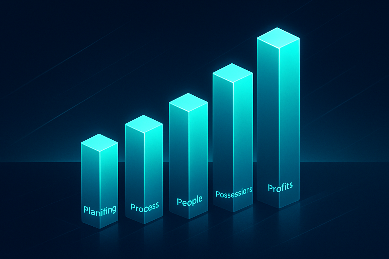 Five glowing translucent cyan pillars labeled Planning, Process, People, Possessions, and Profits.