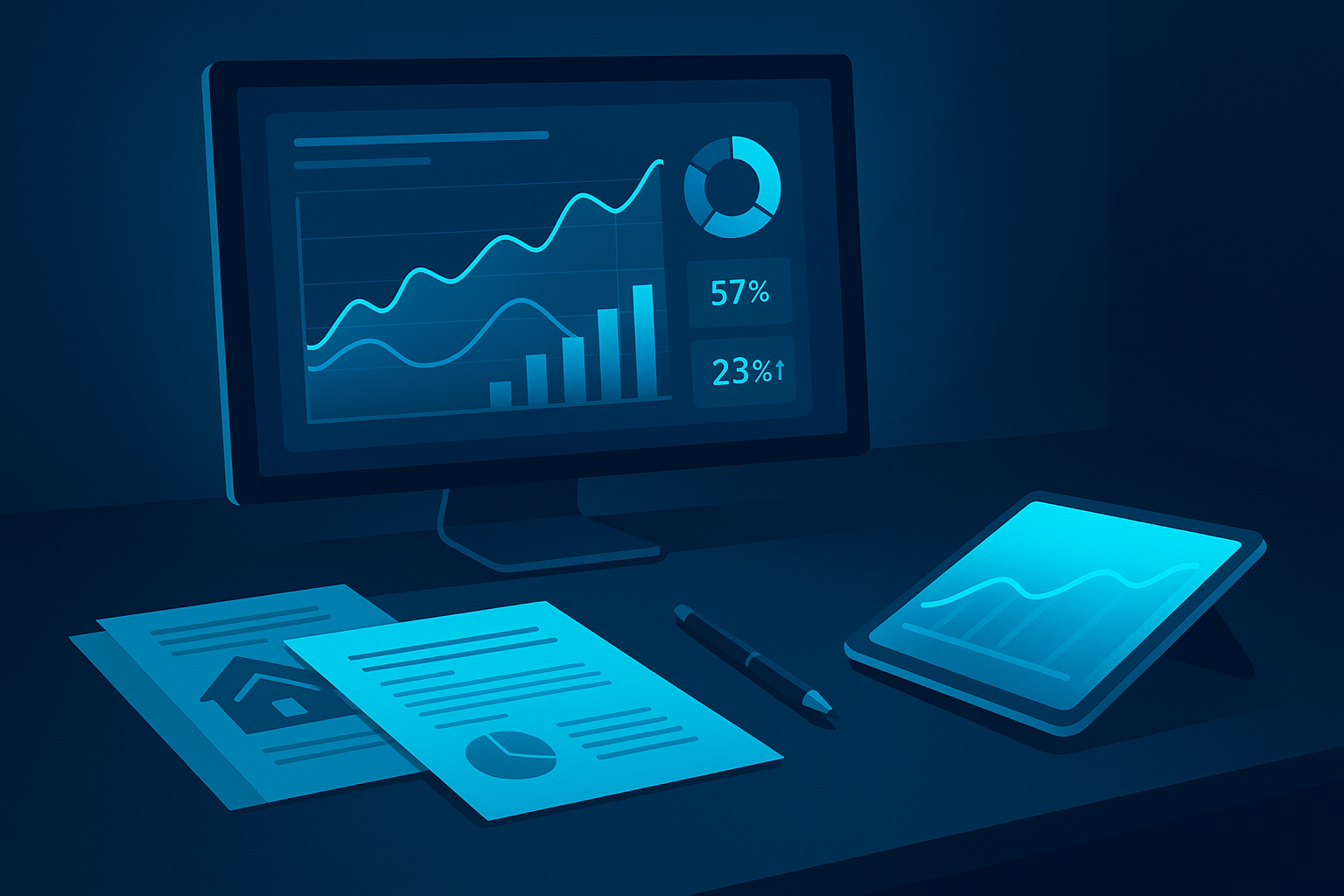 Flat digital dashboard with graphs, charts, and real estate documents on dark blue and cyan background.