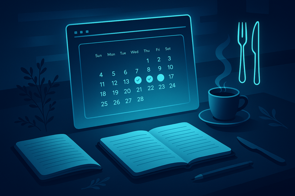 Flat-illustration of a digital calendar on a dark desk with notebooks, coffee, pen, herbs, and cutlery.